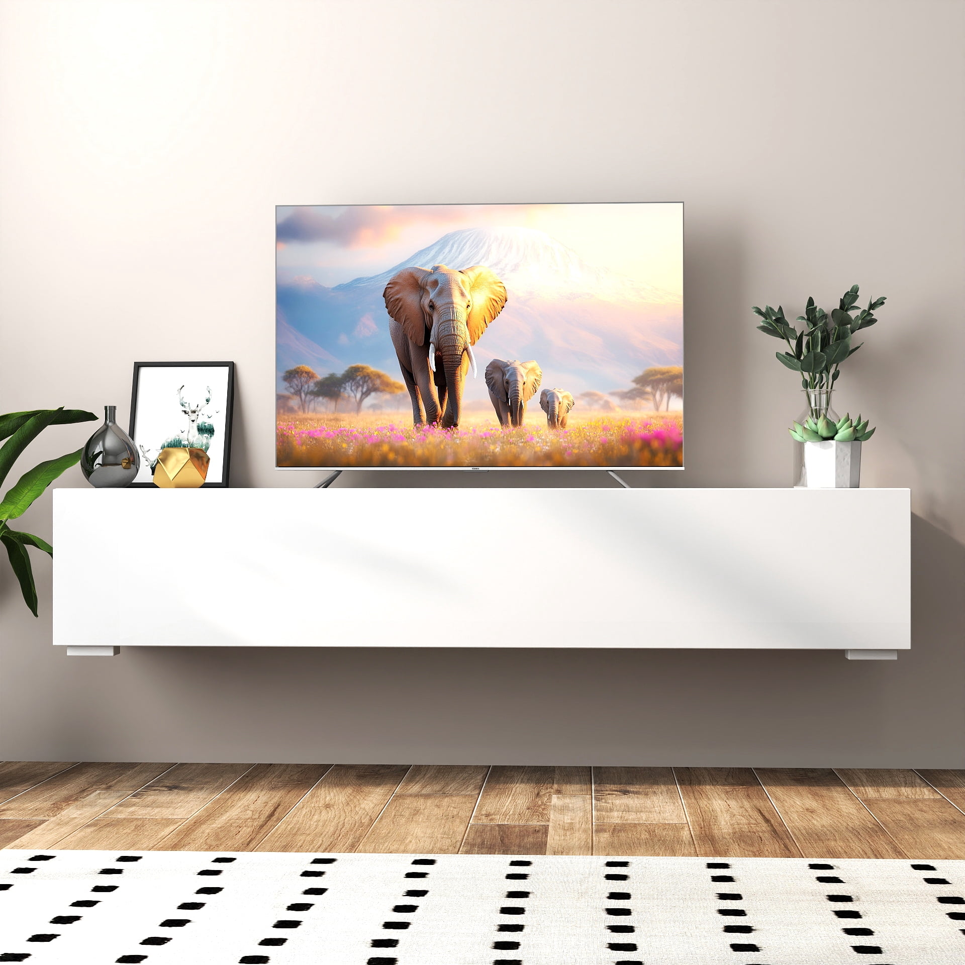 Modern Floating TV Stand with Generous Drop-Down Storage Cabinets, Large Top Surface for Display, Durable Particle Board and MDF Construction, 62.99 Inch Wide, White Finish