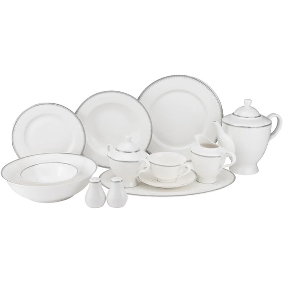 Sherry Collection GP5669P-57, 57-Piece Bone China Dinnerware Set, Super White Luxury Fine China Service for 8, Elegant Gift Boxed Dinner Set with Plates, Cups, Saucers, Teapot, Dishwasher Safe
