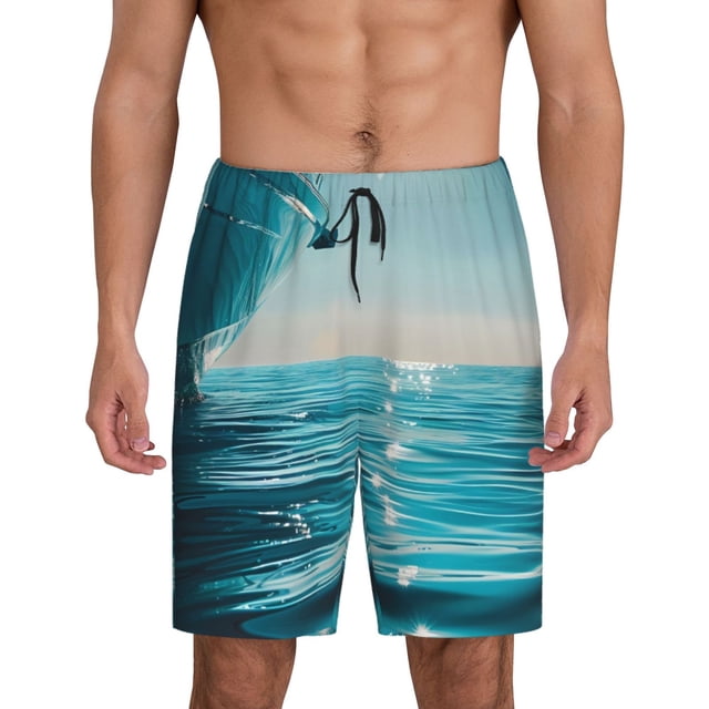 Kdxio Turquoise Ocean Reflection Print Mens Shorts, Breathable Lounge Sleepwear Set with Elastic Waistband and Pockets-Large