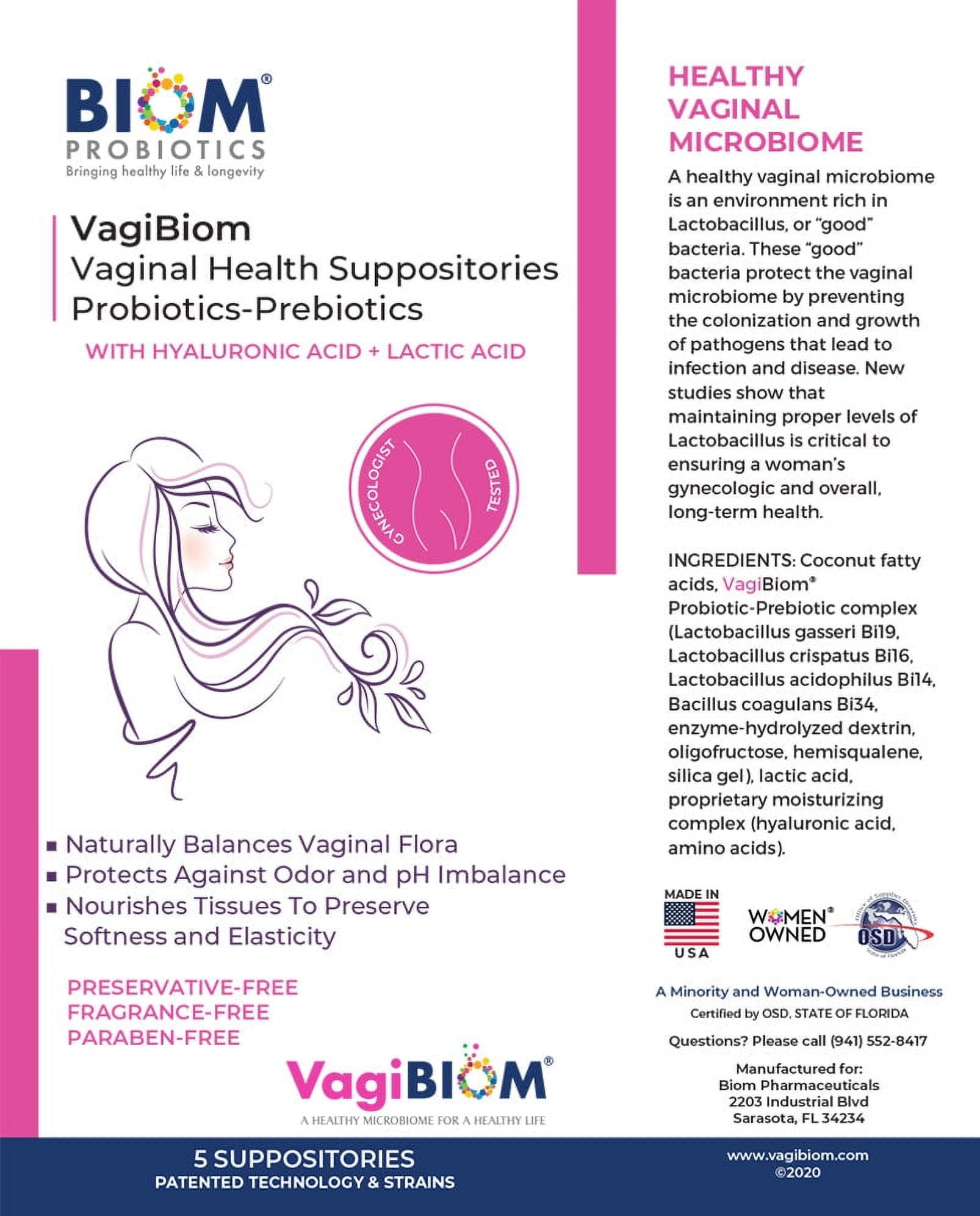 VagiBiom Feminine Balance Suppositories with Probiotics, Prebiotics & Hyaluronic Acid – Fragrance Free, 5 Count
