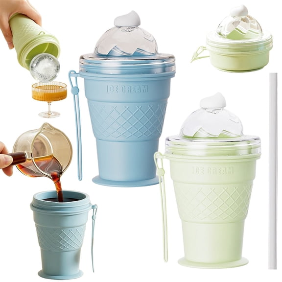 HomelyJoy Blue 2-in-1 Collapsible Silicone Ice Ball Maker Cup, Portable Ice Cube Bottle with Straw and Lid, Foldable Ice Mold Cup Travel Tumbler for Coffee
