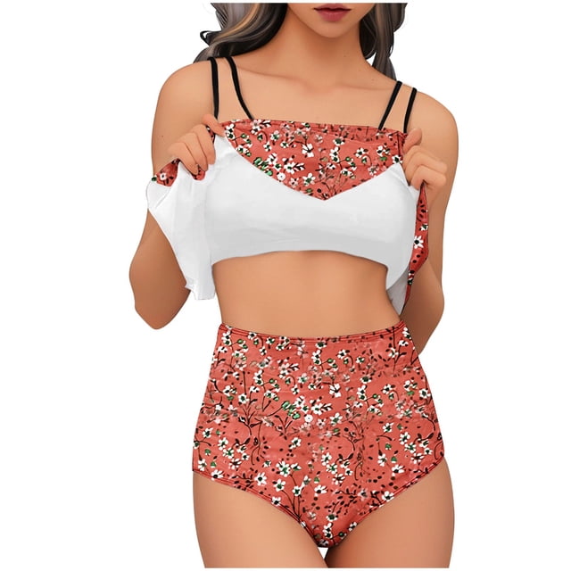 Trajes de Baño de Bikini de Mujer Conjunto de Cintura Alta de Vendaje de Impresión Sexy con Almohadillas de Pecho, Conjunto de Bikini de Mujer Conservador Y sin Mangas
