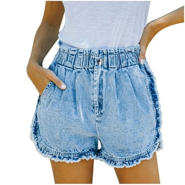 Womens Jean Shorts Elastic Waist Shining Button Ruffle Denim Shorts for Women