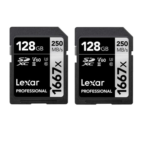 Lexar Professional 1667x SD Card 128GB 2-Pack, SDXC UHS-II Memory Card, Up to 250MB/s Read, 120MB/s Write, Class 10, U3, V60, for Professional Photographer, Videographer, EnthusiastLSD1667128G-B2NAA