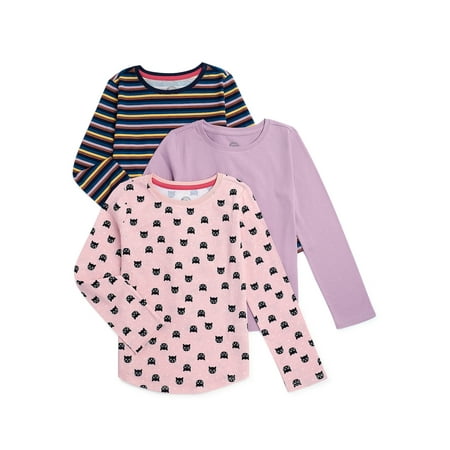 Wonder Nation Girls Long Sleeve Print, Solid, & Stripe Kid Tough T-Shirts, 3-Pack, Sizes 4-18 & Plus