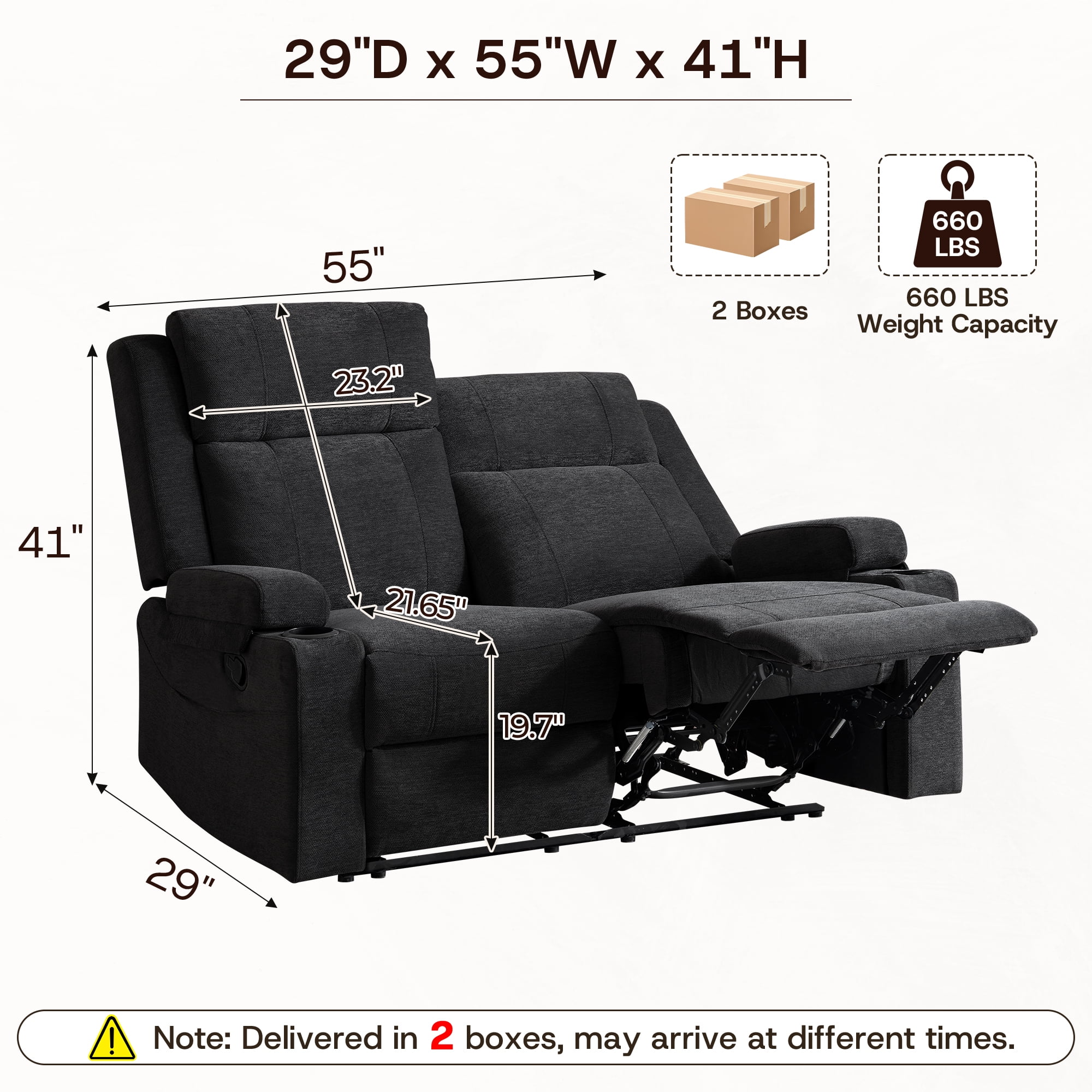 Chenille Reclining Couch, Manual Reclining Loveseat with Cup Holders, Wide Seat, Spill-Resistant Fabric, Easy Assembly, for Living Room/Apartment/RV Recliner Sofa