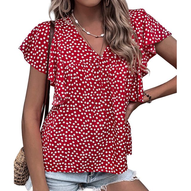 Blusa de manga corta con volantes Estampado floral Blusa de manga corta con escote en V ajustada informal para mujer Verano Borgoña M