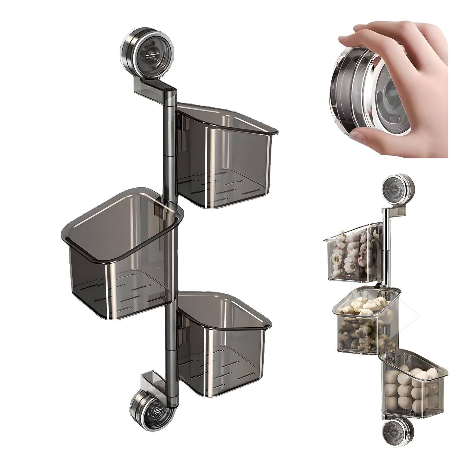 Rotating Kitchen Organizer with Suction Cup, 3-Tier Moveable Shelf for Refrigerator or Wall, No Drill Installation - Transparent Gray