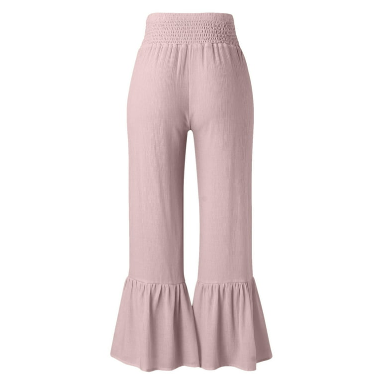 Hfyihgf Womens Wide Leg Palazzo Lounge Pants High Waist Smocked Beach Pants  Linen Casual Ruffle Hem Trousers(Pink,XL) 