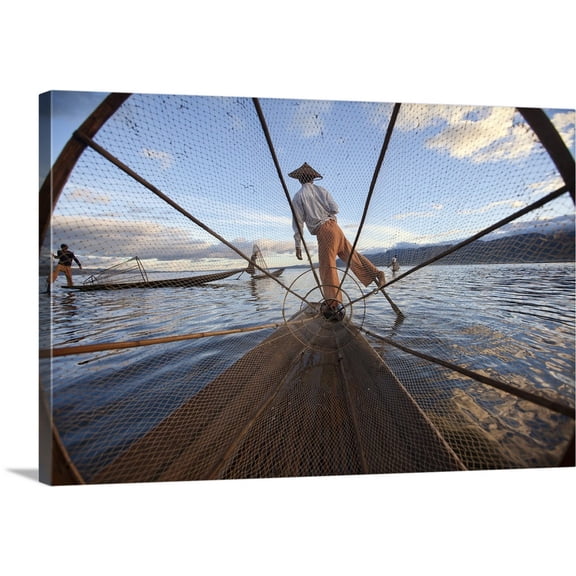 Great BIG Canvas | "Fisherman at sunrise Inle Lake, Burma" Canvas Wall Art - 36x24