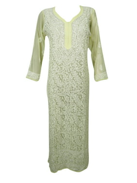 Mogul Womens Georgette Tunic Long Dress Floral Hand Embroidered Sheer Kurta Beach Caftan Dresses