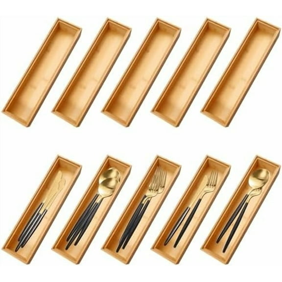 10 Pack Bamboo Drawer Organizers Stackable Wooden Cutlery Storage Boxes for Kitchen, Drawers, Bathroom, Office, Wooden Cutlery Tray (12 x 3 x 2 inches)