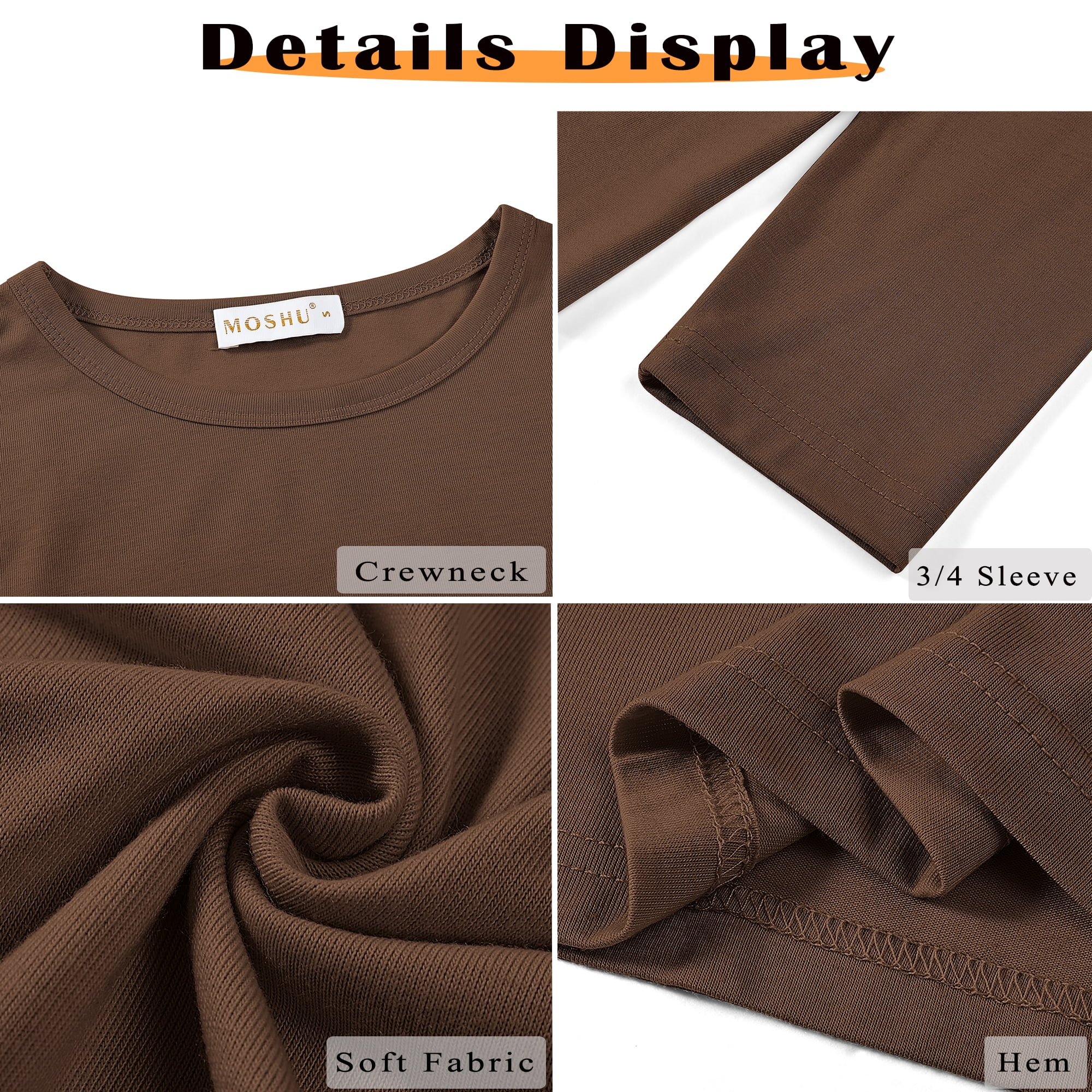 MOSHU 3 Pack 3/4 T Shirts for Womens Crew Neck Womens Shirts Dressy Basics Tees Casual Loose Fit Fall Tops