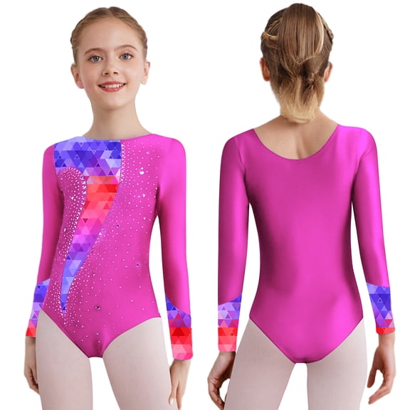 YiZYiF Girls Gymnastics Ballet Dance Bodysuit Long Sleeve Colorful Print Rhinestone Ice Skating Leotard Light Hot Pink 6