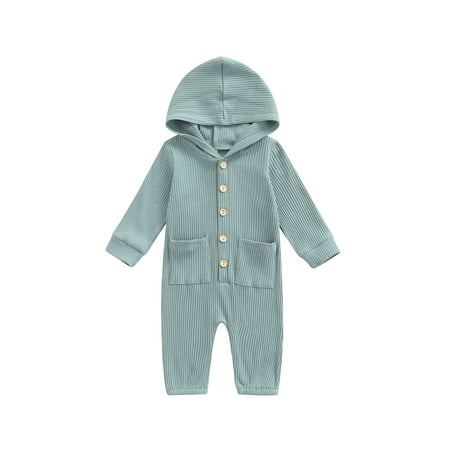 

Nokpsedcb Infant Baby Boy Girl Hooded Romper Fall Warm Long Sleeve Button Down Solid Color Pocket Jumpsuit Blue 12-18 Months