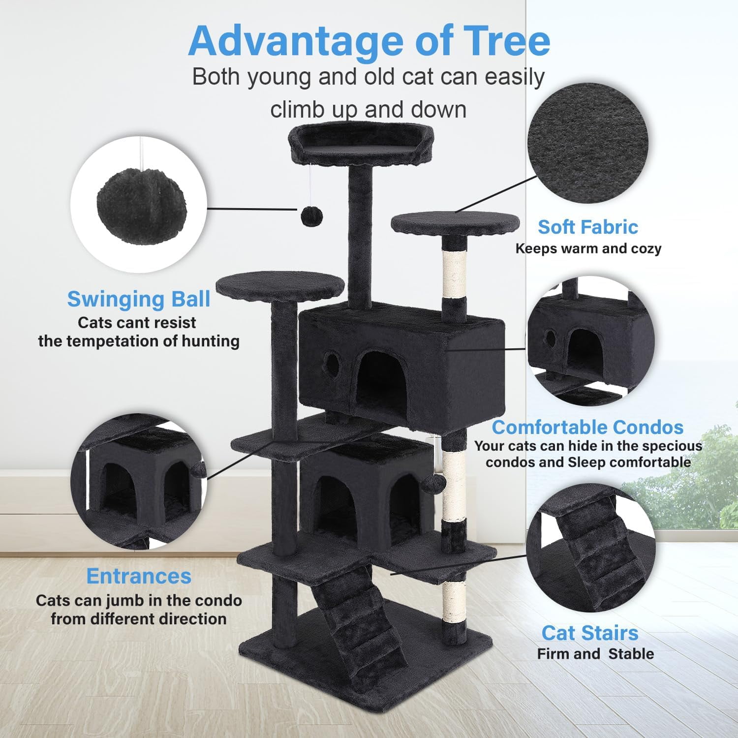 Bestpet 54 in Dark Gray Cat Tree Tower with Scratch Posts Condo and Toys for Active Cats