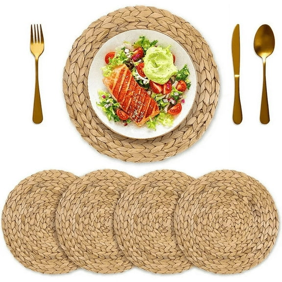 PandaTop Round Woven Placemats Set of 4, Natural Woven Table Mats, 7 Inch Rattan Placemats Wicker Placemats,Boho Braided Heat Resistant Outdoor Placemat for Party Wedding Decoration