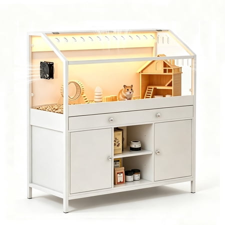 ICEELF 43.3'' Hamster Cage with Storage Cabinet, LED Lights and Fan, Acrylic Panel Small Animal Habitat for Guinea Pig, Hedgehog, Rat