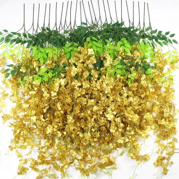 Flores Artificiales de Glicina, Plantas Artificiales de Wisteria Colgantes, Colgantes para Decoración de Hogar, Habitación, Boda, Fiesta, Jardín, Columpios (Dorado)