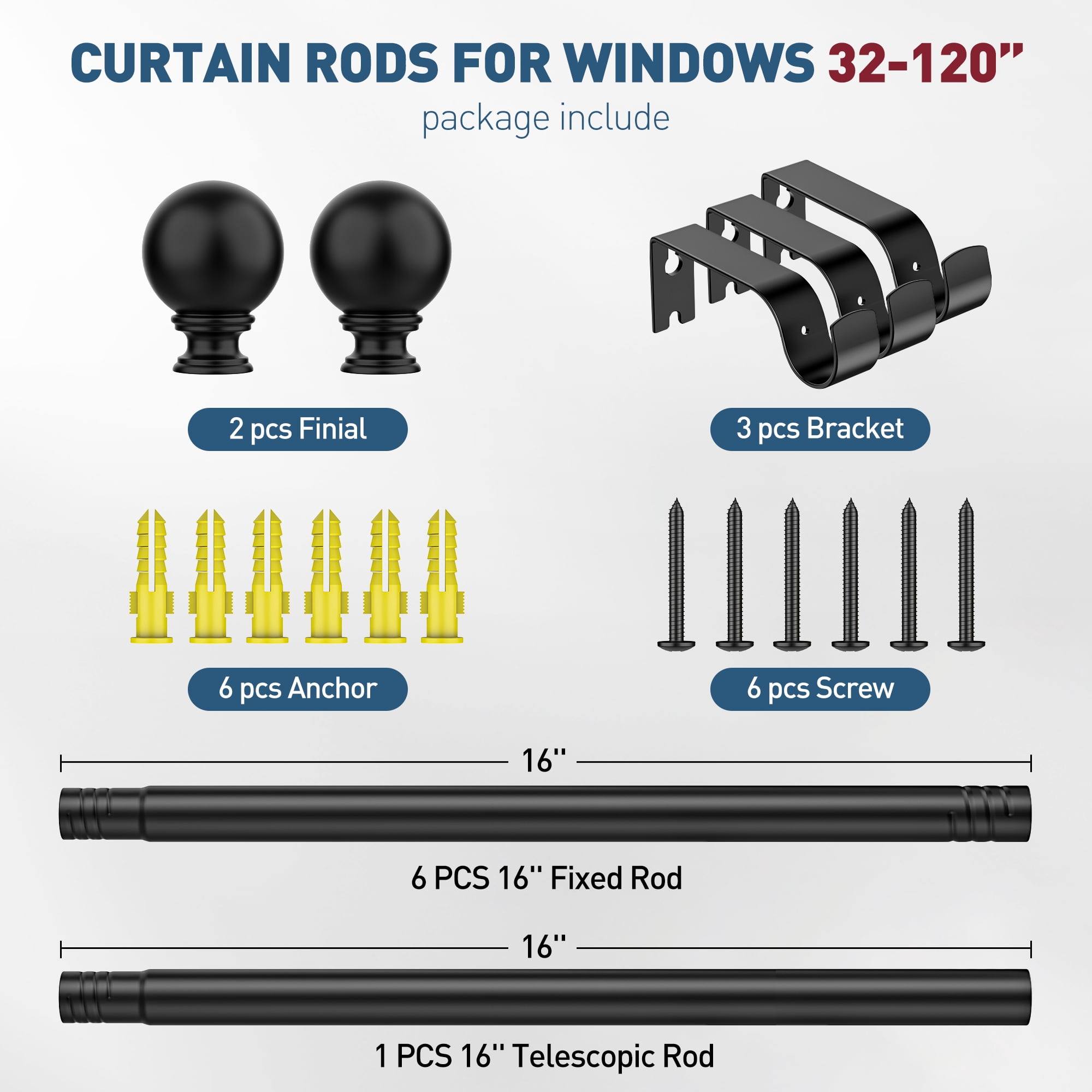 Curtain Rods, Single Curtain Rod for Windows 32 to 120 inch,1 inch Adjustable Matte Black Curtain Rod Easy Installation with Modern Design, Decorative Long Drapery Rods with Brackets