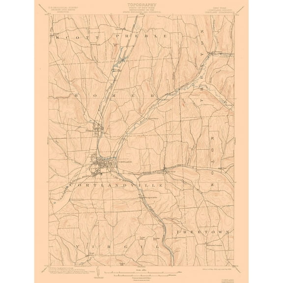 Topographical Map - Cortland New York Quad - USGS 1903 - 23 x 30.36 - Vintage Wall Art
