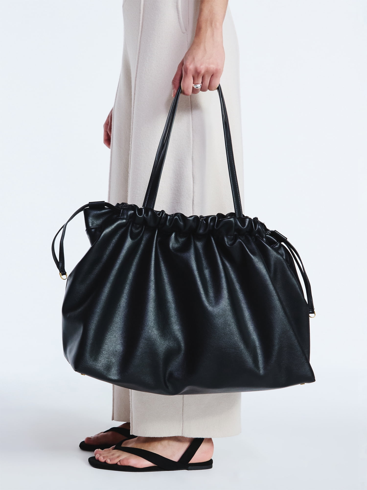 Scoop Women's Faux Leather Oversized Drawstring Pouch Tote, Black