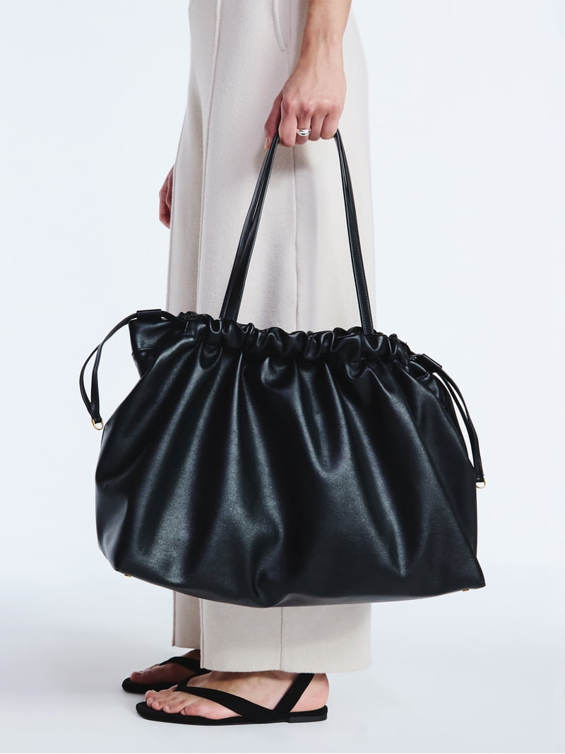Scoop Women's Faux Leather Oversized Drawstring Pouch Tote, Black