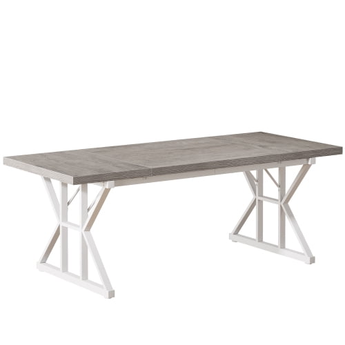 71" Farmhouse Dining Table for 6, Rustic Rectangular Kitchen Table with X-Trestle Metal Legs, Wood Top Dinner Table for Dining Room, Grey & White