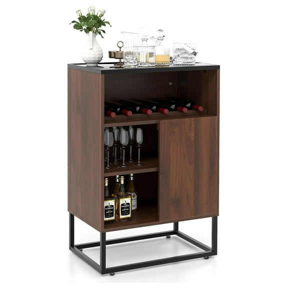 Exlonjet Wine Cabinet with Storage, Wine Bar Rack Cabinet with Tempered Glass Top, Wine Rack, Adjustable Shelf & Sliding Door, Small Sideboard Buffet Cabinet with Ant-toppling Device, Walnut