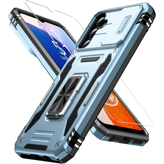 for Samsung Galaxy A24 Case with Upgraded Sliding Camera Lens Cover and Strong Magnetic Kickstand - Military-Grade Shockproof Protective Phone Case for Men Women Girls - Light Blue