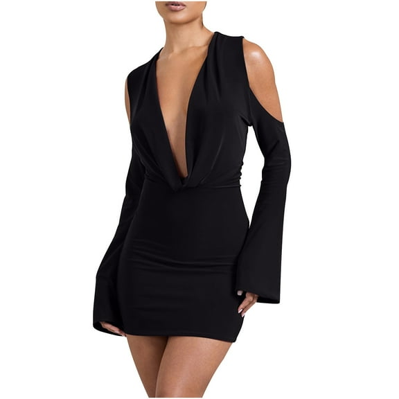 Blczomt Dresses Women Sexy Long Sleeve Mini Black Bodycon Deep V Neck Off Shoulder Party Solid Dresses