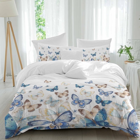 Blue Butterfly Queen Size Comforter Set, Farmhouse Floral Bedding for All Seasons, 4 Pcs Bed Set, 1Quiltcover (90"x92") ,1Sheet(94"x116"), 2Pillowcases (30"x20")