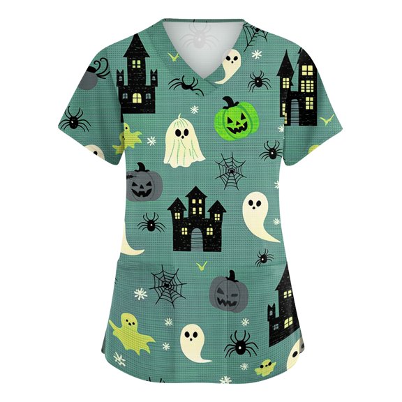 Sewkxo Women Halloween Star Moon Bat Pattern V Neck Medical Scrub Top Short Sleeve Soft Breathable Nurse Uniform With Pockets,Green XL