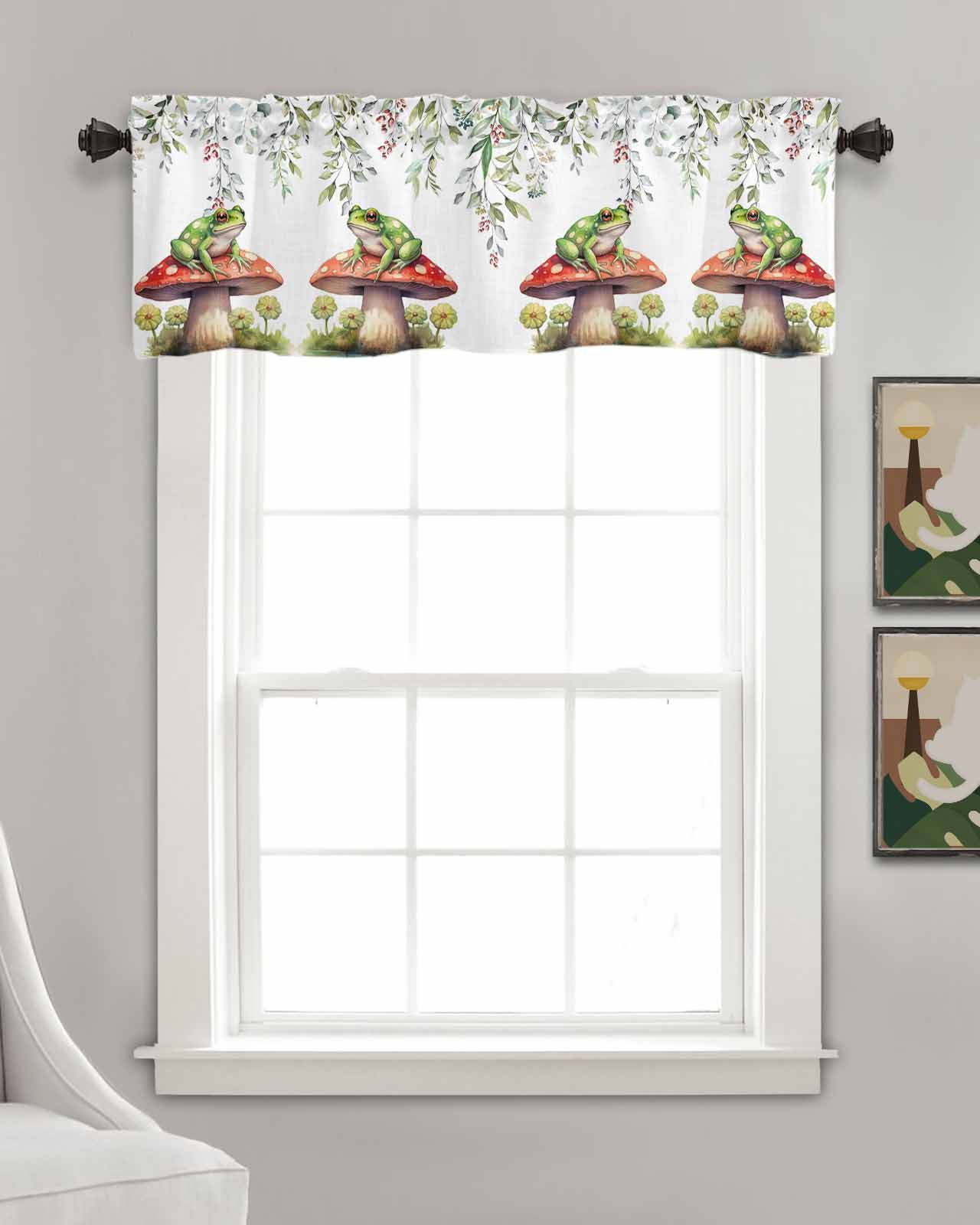 Mushroom Frog Linen Curtain Valance for Bedroom/Bathroom/Kitchen/Office/Living/Dining Room Windows,Eucalyptus Flower Watercolor Spring Rod Pocket Topper Drapes Decorative Cafe Drapery Panel 54x18