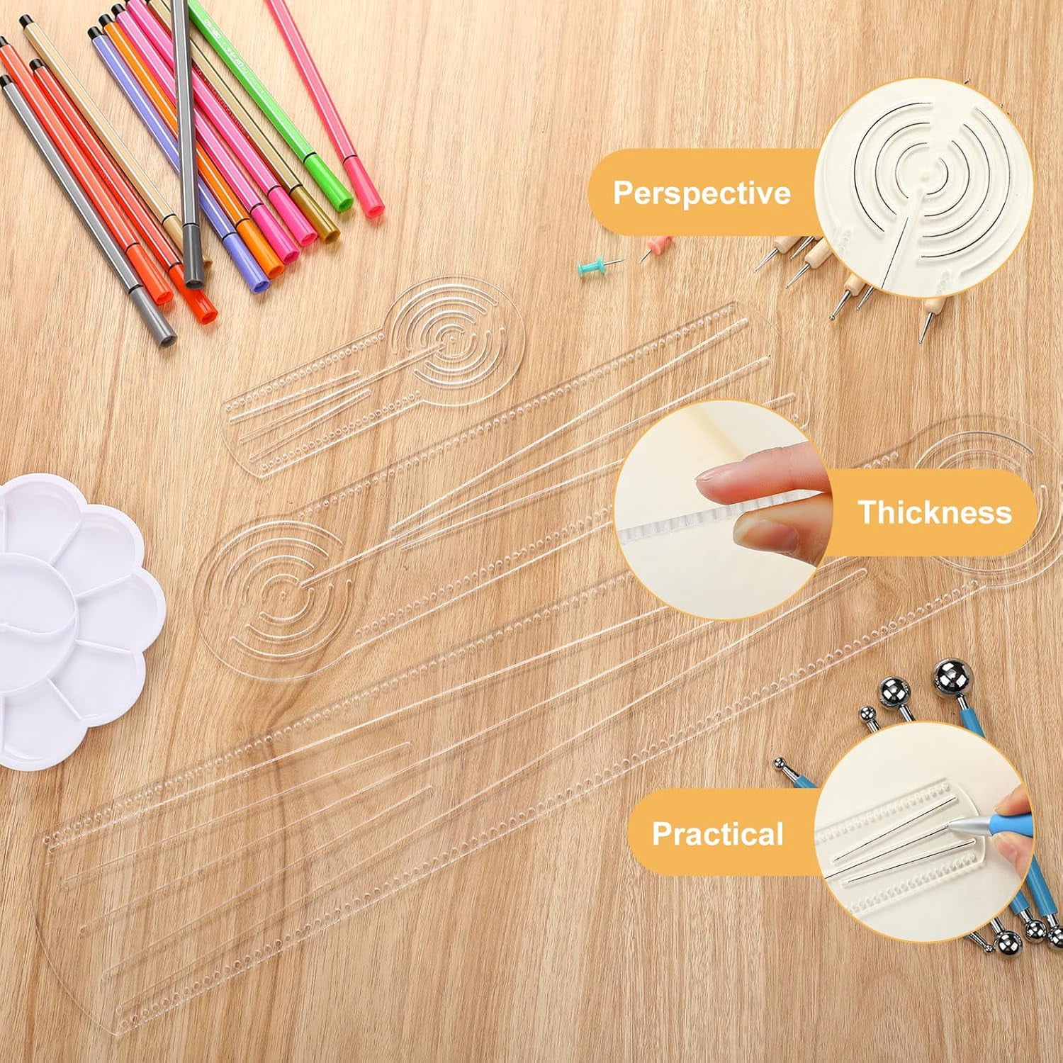 17 Pcs Mandala Dot Painting Tool Kit 3-in-1 Mandala Ruler with Holes 3 Thumb Tacks 10 Ball Stylus Flower Paint Palette for DIY Rock Painting Clay Modeling Drawing and Drafting
