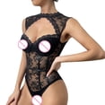 thumbnail image 4 of Gibobby Conjunto Lencería Tanga Y Bralette Body de Camisola Sexy con Cordones y Espalda Abierta con Panel de Malla para Mujer Lencería Sexy de San Valentín Body Encaje(Negro, CH), 4 of 5
