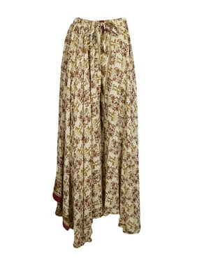 Mogul Women Beige Floral Maxi Skirt Wide Leg Full Flare Vintage Printed Sari Divided Uneven Gypsy Hippie Chic Long Skirts S