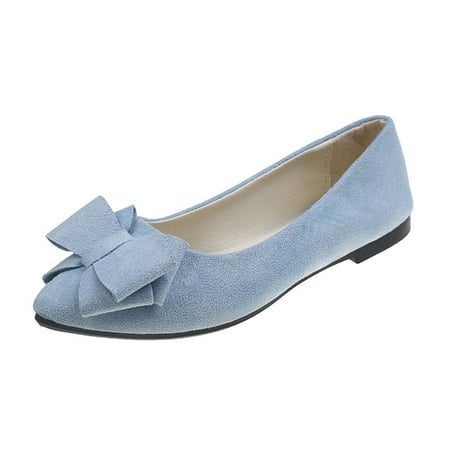 hopeusnice Clearance Women s Pointed Toe Bowknot Flat Shoes Slip On Ballerina Flats Comfortable Suede Flats Dress Shoes Light Blue 36