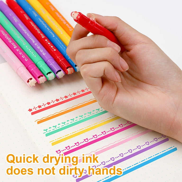 HULIPARK Curve Highlighter Pen Set for Kids, 10Pcs Dual Tips Curve Pens  Include 2Pcs Highlighters for Journaling, 8 Shapes & 10 Colors Lines, Cute