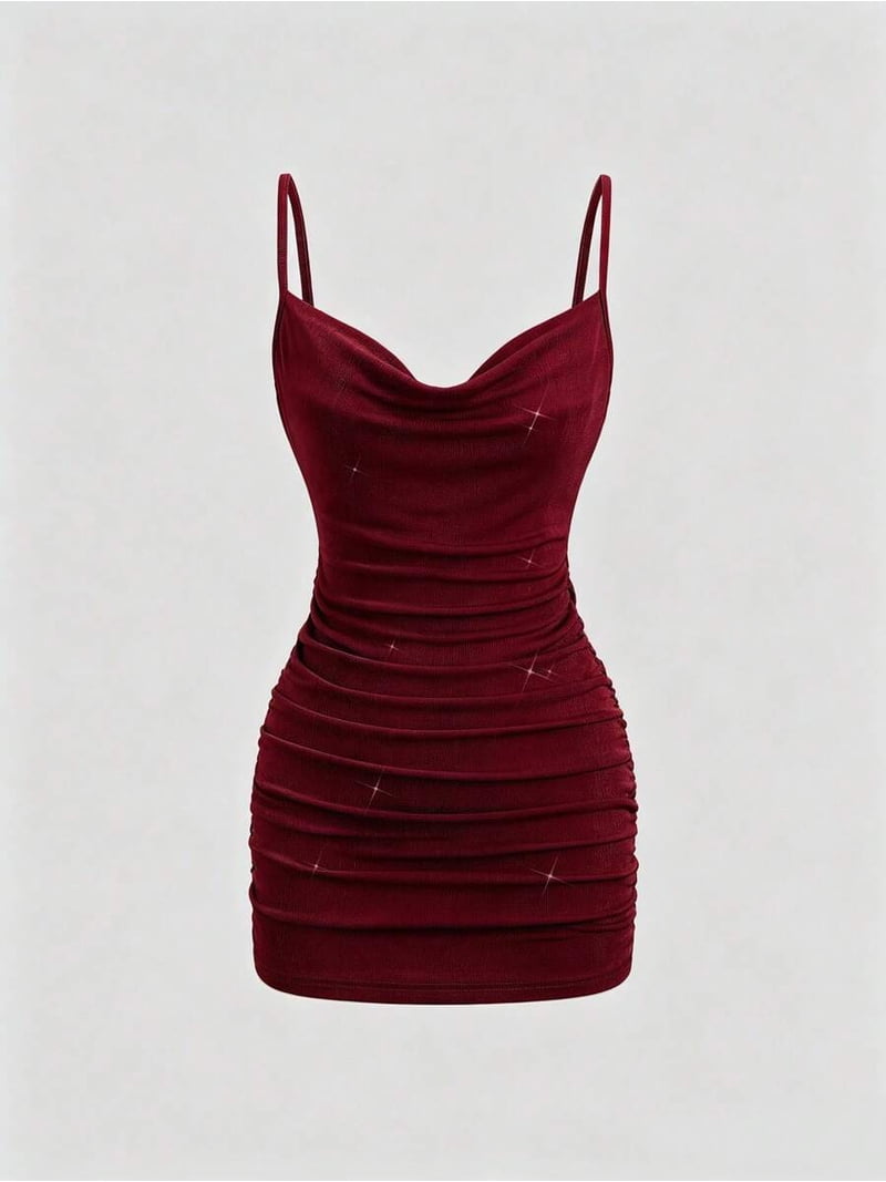 backless ruched bodycon dress Burgundy Womens Mini With Goldtone Ornamental Chain Plunging Neckline Spaghetti Strap Cup:Reg (A-F) on style Size and custom-pockets 14 Wedding Guest Dress