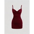 thumbnail image 2 of Burgundy Womens Backless Ruched Bodycon Mini Dress With Goldtone Ornamental Chain Plunging Neckline Spaghetti Strap, 2 of 6