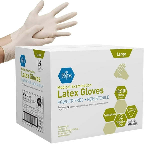 Med Pride Disposable Latex Gloves, 5 Mil Thick 1000 Count White Exam Gloves, Medical Grade, Powder-Free, Large