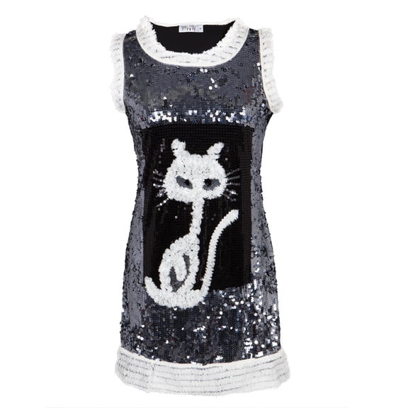Cat Ripped Fabric White Sequined Women's Dress - Small
