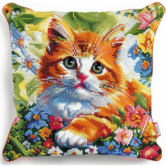 Latch Hook Kit, Cute Cat Animal Latch Hook Pillow Kits For Adults Crochet Yarn Cushion Pre-Printed Needlework Handcraft 17X17 Inch
