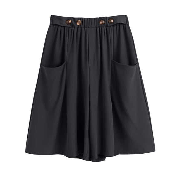Hrsba Solid Color Dressy Shorts for Women Knee Length Elastic Waist Wide Leg Flowy Fabric Casual Summer Shorts for Women