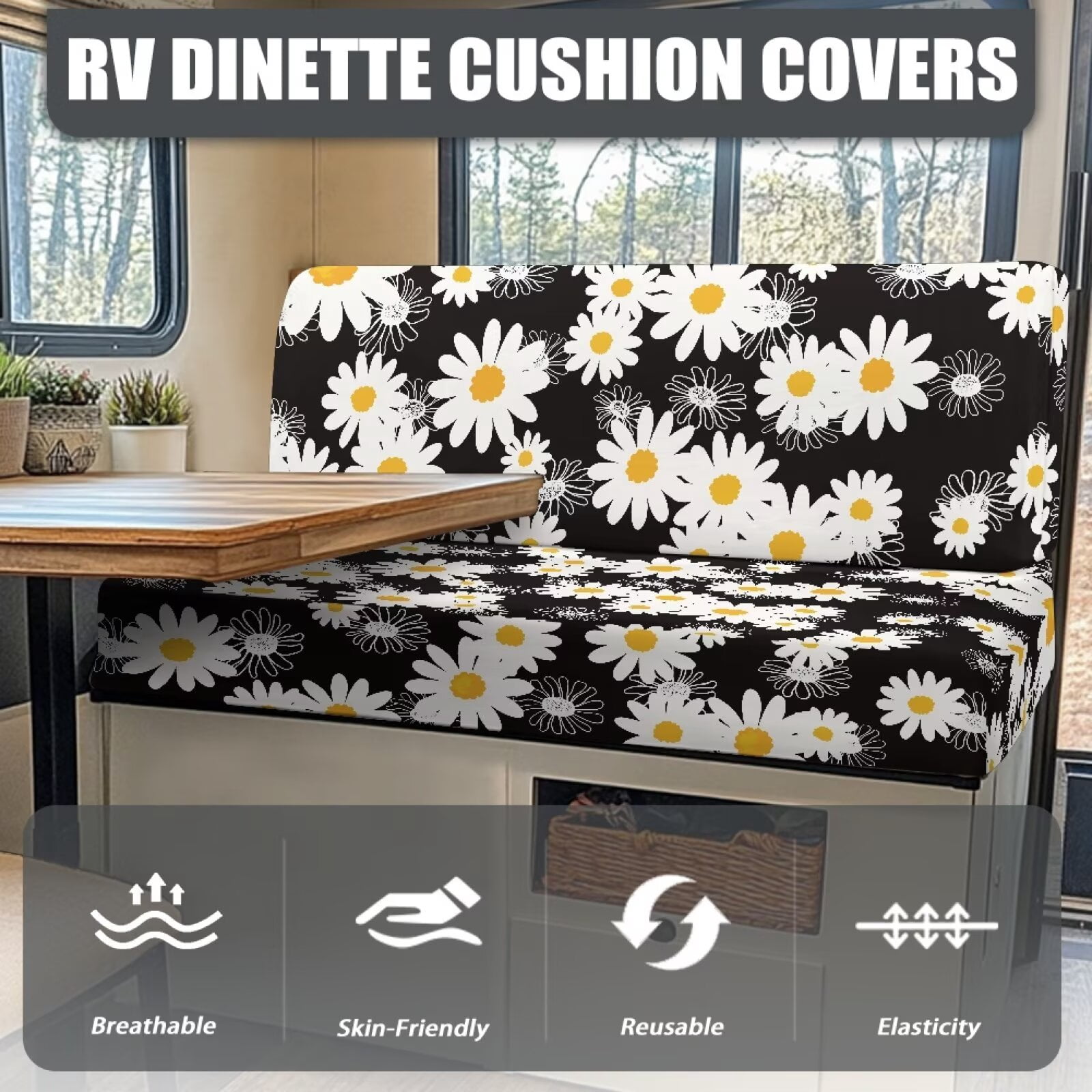 XYZCANDO Cute Daisy RV Dinette Cushion Covers Universal RV Accessories Outdoor Travel Use Comfortable Bench Cushion Stretchable Couch Cover 2 Cushion Sofa Washable Sofa Cover Gifts for Friend