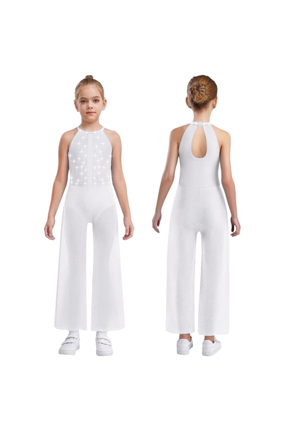 Girls Latin Jazz Dance Jumpsuit Sleeveless Shiny Rhinestone Pageant Romper Wide Leg Pants White 16