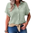 thumbnail image 2 of Womens Cotton Linen Gauze Shirts Loose Fit Button Down Blouses Casual Summer Textured Collared Crinkle Seersucker Tops Mint Green S, 2 of 7