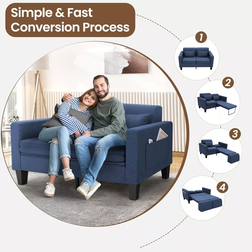 Sailvan 58" 6-in-1 Convertible Sofa Bed, Linen Pull Out Sleeper Couch with Storage & 2 Pillows, Loveseat for Small Spaces, Apartments, Studio, Blue