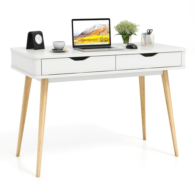 Gymax 43.5'' Writing Desk w/2 Drawers Anti-Tipping Kits & Solid Rubber Wood Legs